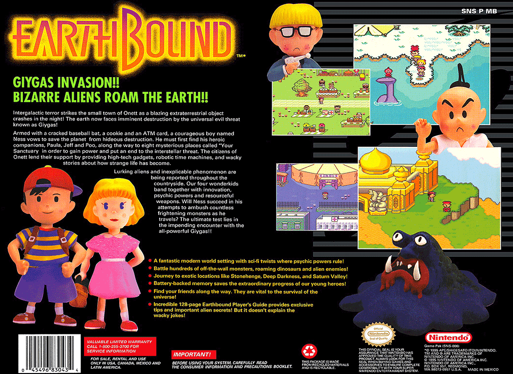The rear cover of the box of EarthBound.